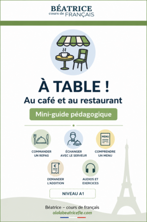 Portada de la mini guía À table ! Au café et au restaurant, nivel A1–A1+